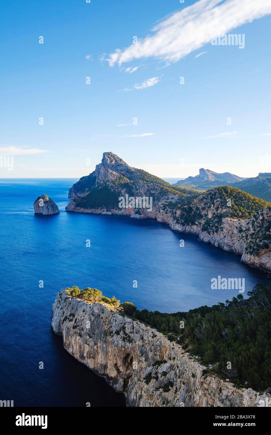 Vista da Mirador es Colomer, Cap Formentor, Penisola di Formentor, vicino Pollenca, Maiorca, Isole Baleari, Spagna Foto Stock