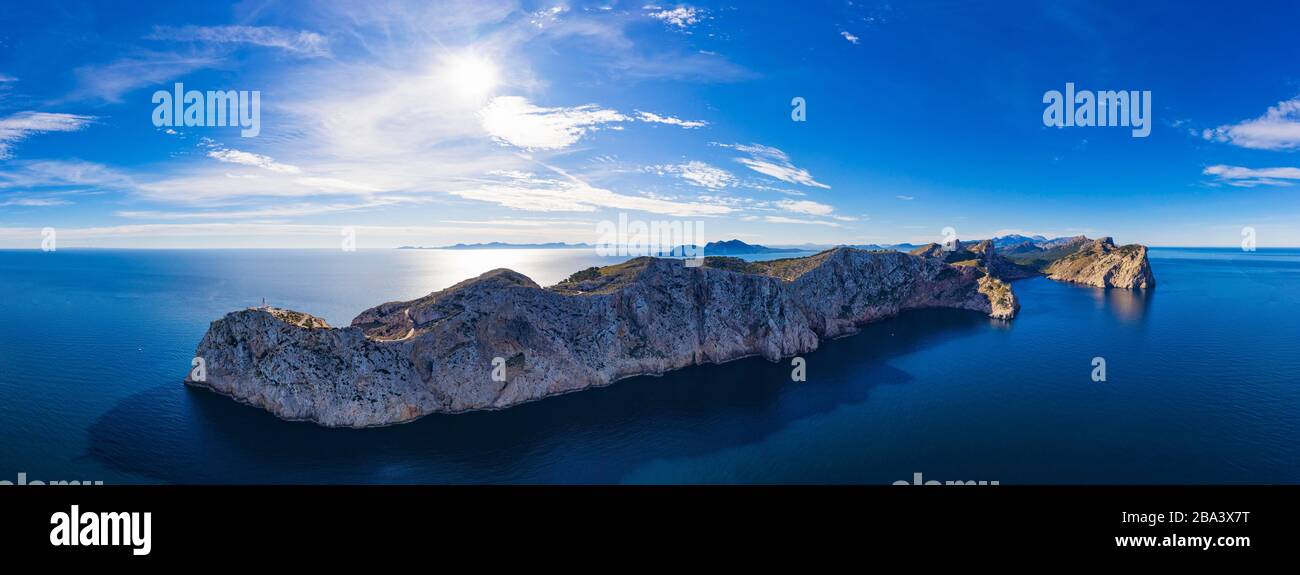 Panorama, Cap Formentor, Peninsula Formentor, vicino Pollenca, fucinata di droni, Maiorca, Isole Baleari, Spagna Foto Stock