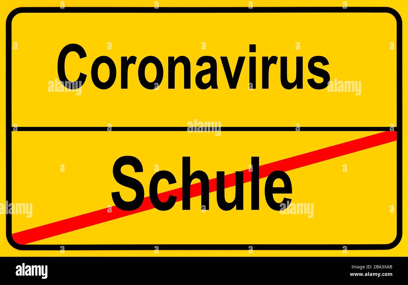 Immagine simbolo, cartello con il nome della località, scuola, Coronavirus, Sars-cov-2, Covid-19, Germania Foto Stock