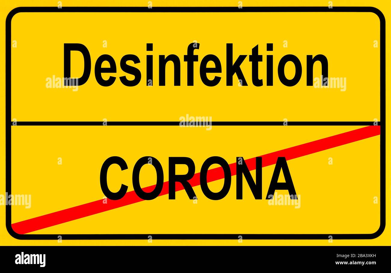 Immagine simbolo, cartello con il nome del luogo, disinfezione, Coronavirus, Sars-cov-2, Covid-19, Germania Foto Stock
