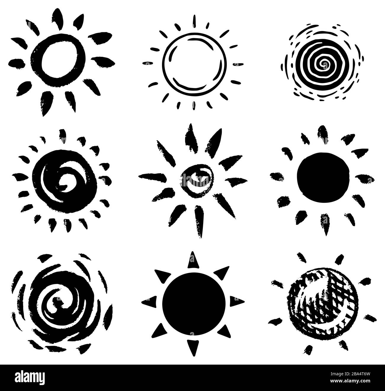 Set da sole. Tratti di pennello. Raccolta di raggi su sfondo bianco. Icone nere disegnate a mano. Schizzo vintage monocromatico inciso. Elementi di inchiostro. Vettore Illustrazione Vettoriale