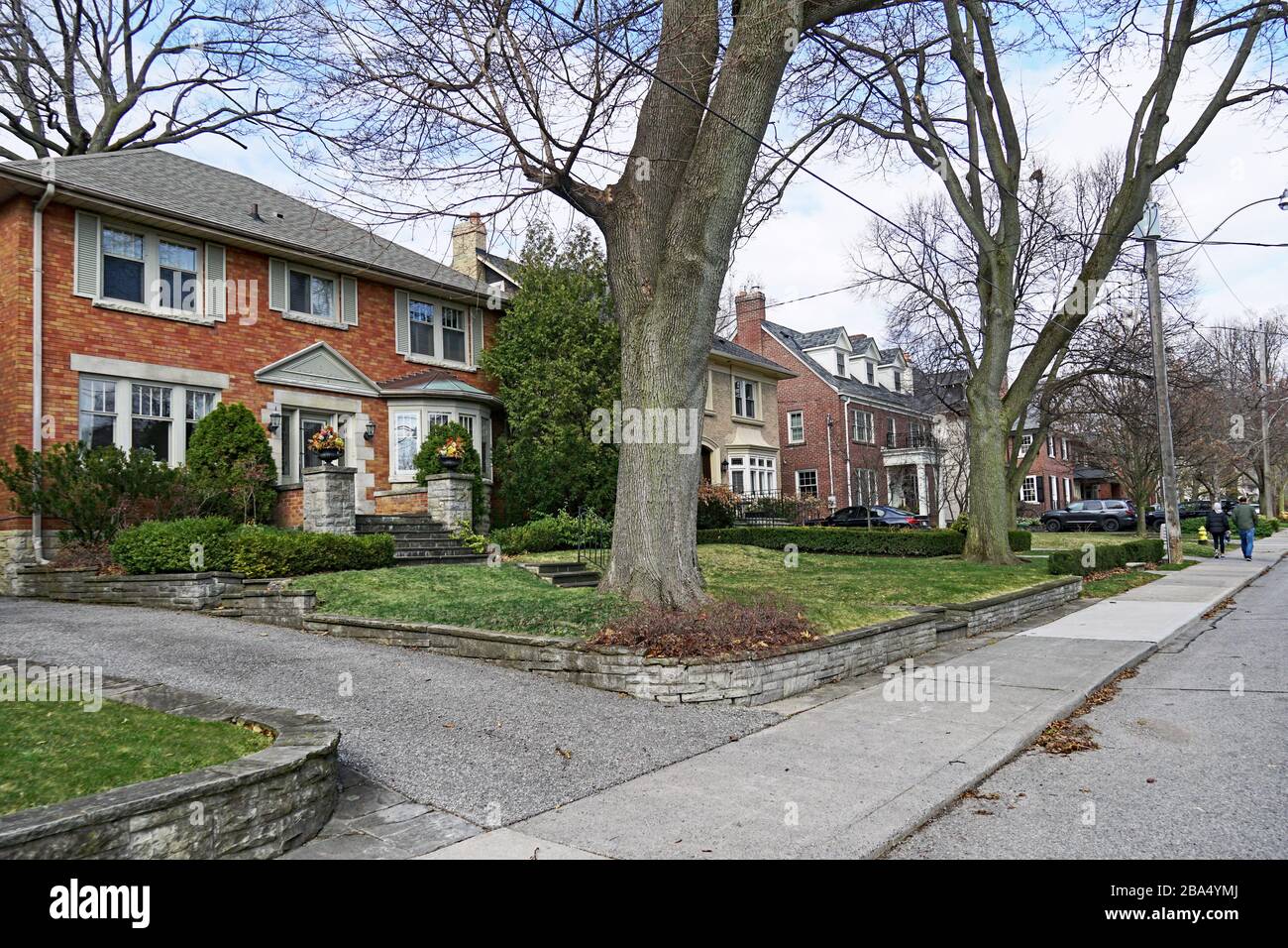 Strada residenziale con grandi case indipendenti con cortili anteriori con alberi maturi Foto Stock