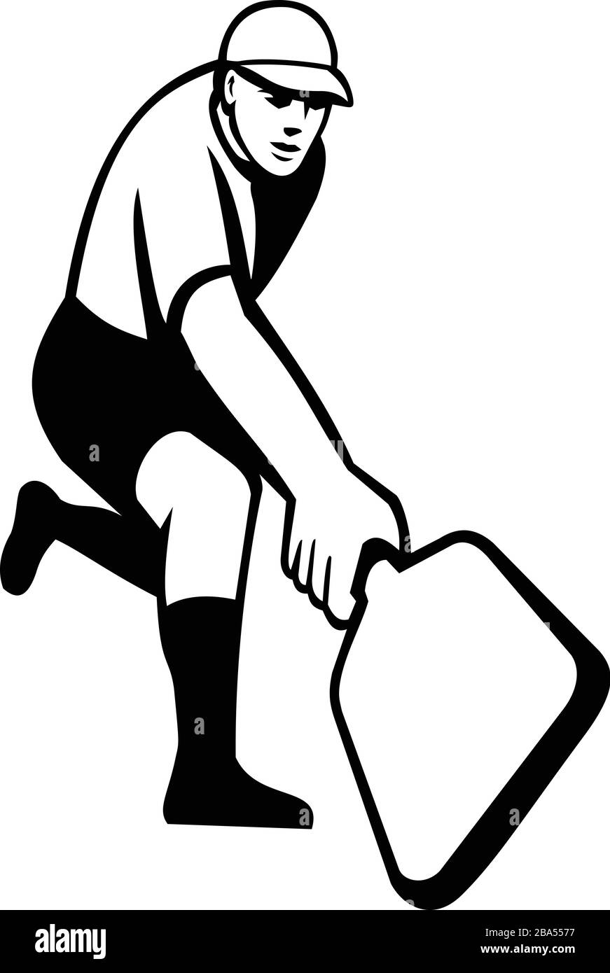 Icona Mascot illustrazione di un giocatore di pickleball, uno sport di paddleball simile a uno sport di racchetta, mano posteriore singola vista dalla parte anteriore su whi isolato Illustrazione Vettoriale