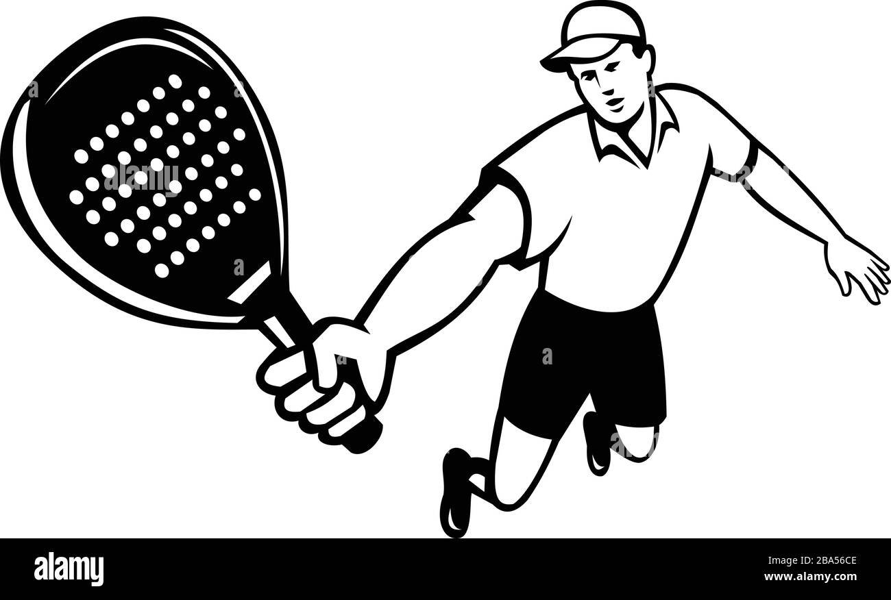 Icona Mascot illustrazione di un giocatore di padel, uno sport di racchetta con racchetta senza corde salto visto dalla parte anteriore su sfondo bianco isolato in retro sty Illustrazione Vettoriale