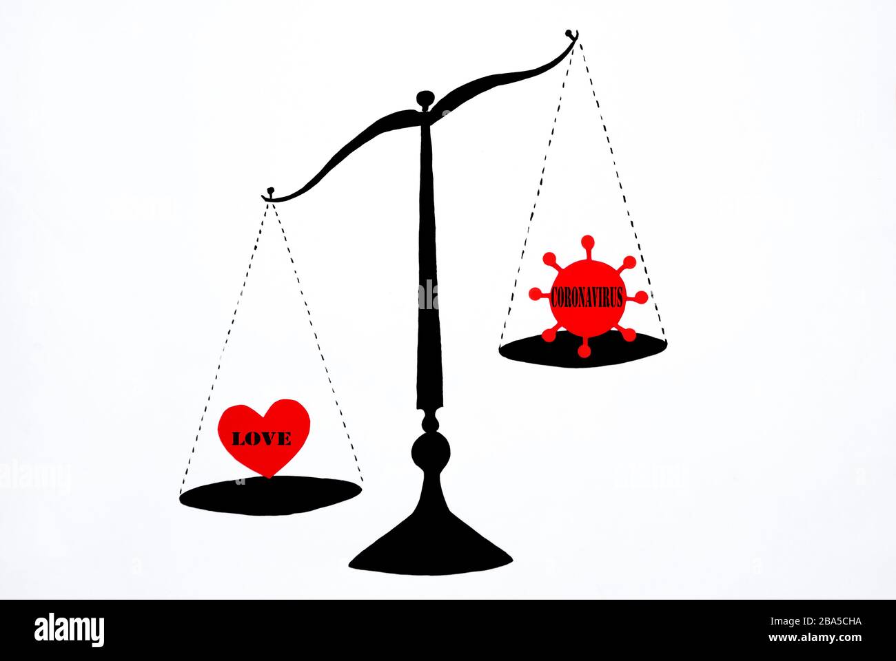 vecchia silhouette bilancia su sfondo bianco amore vs coronavirus Foto Stock