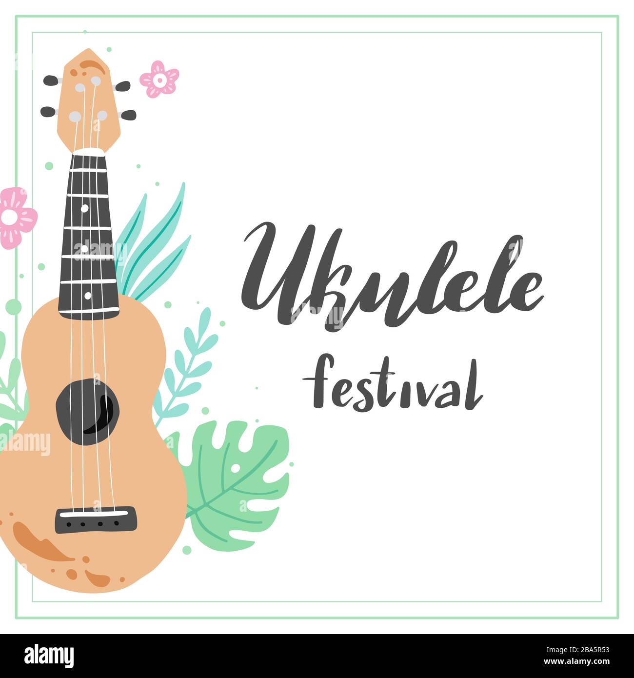 Cartoon ukulele con testo in lettere per l'estate, musica poster modello design. Piccola chitarra con foglia tropicale, decorazione floreale in stile hawaii. Illusazione vettoriale dello stile disegnato a mano. Illustrazione Vettoriale