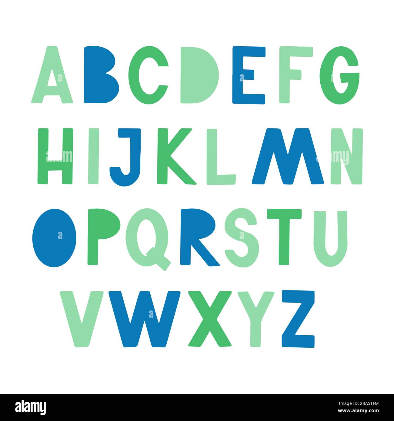 Divertente alfabeto per bambini in stile scandinavo disegnato a mano per poster, bambini asilo nido, carattere, lettere design. Illustrazione vettoriale isolata sullo sfondo. Illustrazione Vettoriale