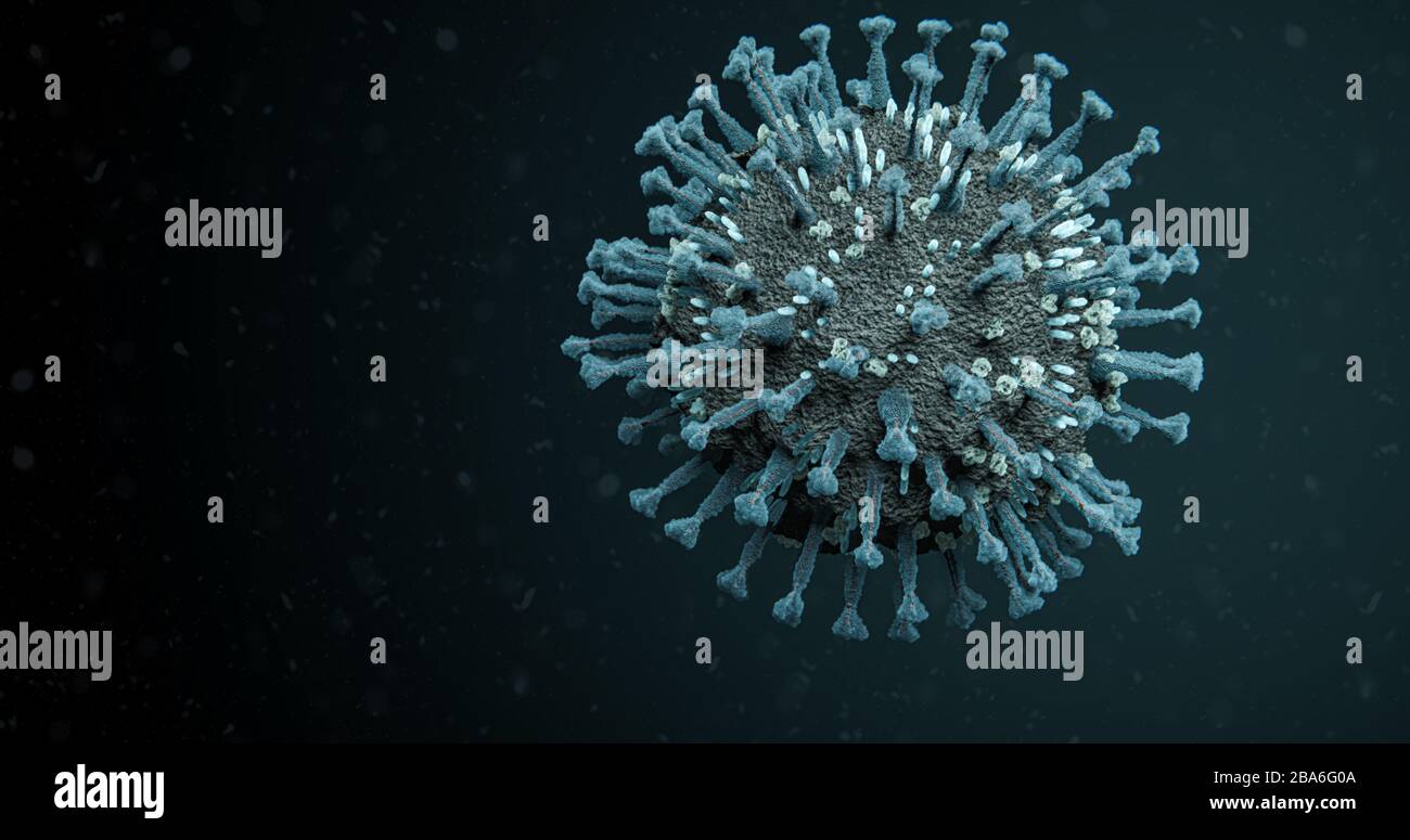 Single Blue COVID-19 Corona influenza Virus Molecule Floating in particules - 3D Illustration Coronavirus Body with Protein Spikes Foto Stock