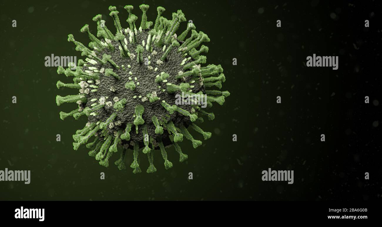 Singolo giallo-verde COVID-19 Corona influenza Virus Molecule Floating in particules - 3D Illustration corpo di Coronavirus con picchi proteici Foto Stock