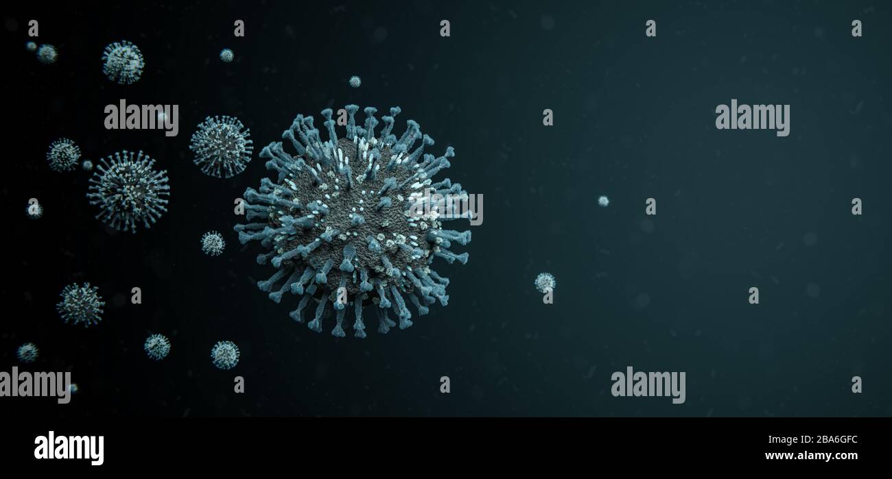 Blue COVID-19 Corona influenza Virus Molecules Floating in particules - nCOV Coronavirus epidemia pandemia 3D Illustrazione Foto Stock