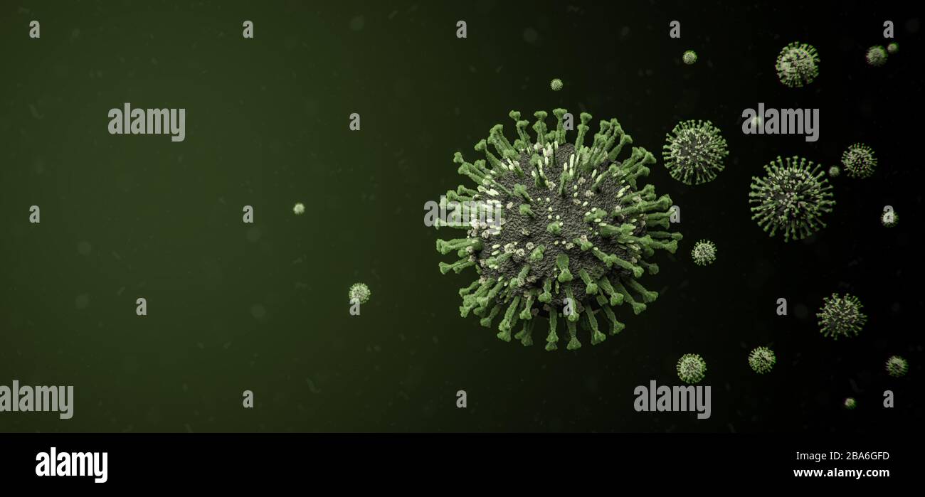 Green COVID-19 molecole del virus della Corona influenza che galleggianti in particelle - nCOV epidemia di Pandemia di nCOV Illustrazione 3D Foto Stock