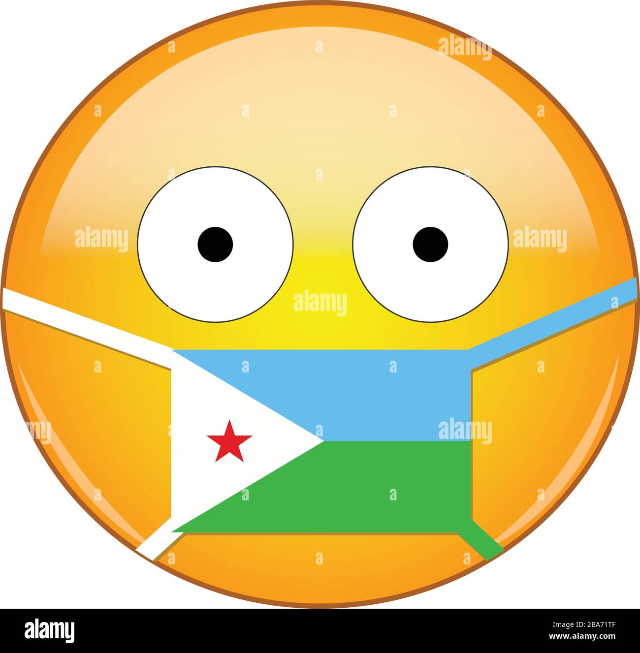 Emoji color giallo spaventato nella maschera medica di Gibutiano che protegge dalla SARS, dal coronavirus, dall'influenza aviaria e da altri virus, germi e batteri e malattie contagiose Illustrazione Vettoriale