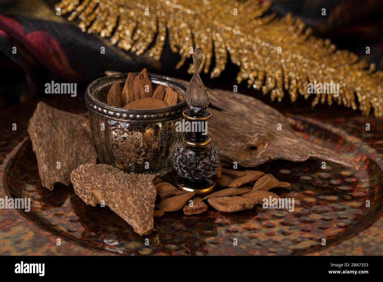 Legno di agar, chiamato anche aloeswood, olio essenziale di incenso e trucioli Foto Stock