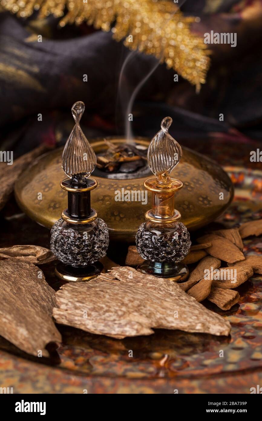 Legno di agar, chiamato anche aloeswood, olio essenziale di incenso e trucioli Foto Stock