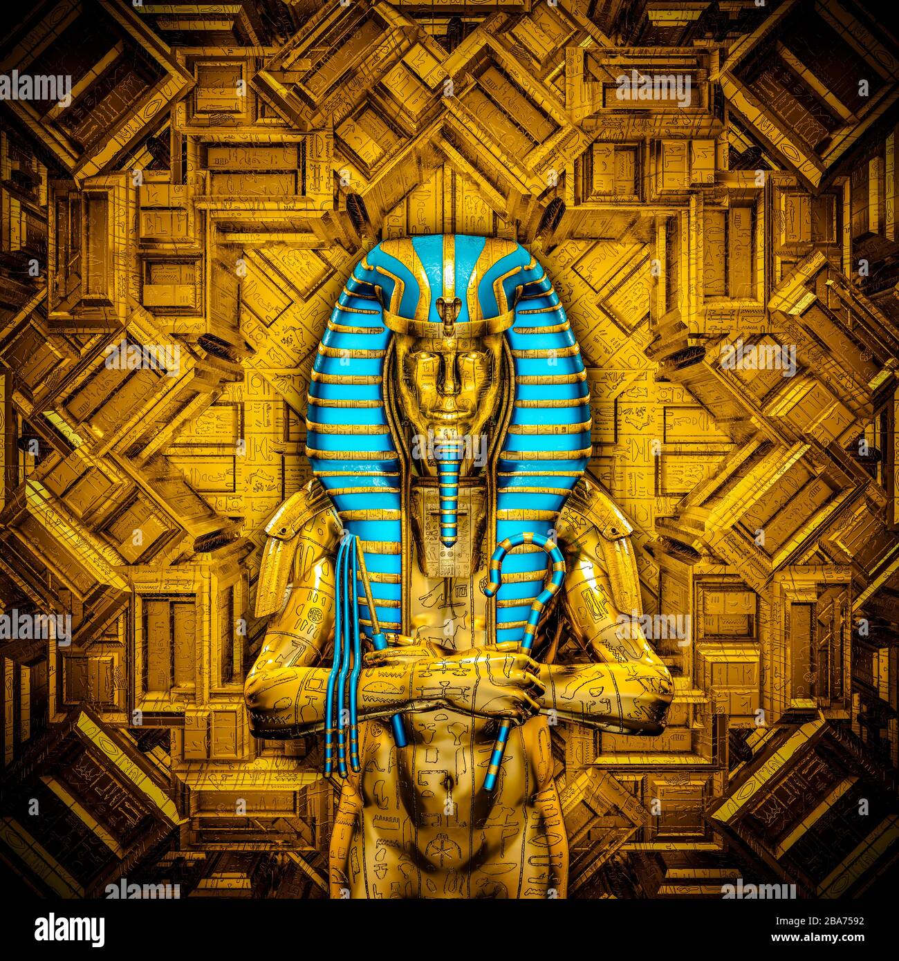 Il re sacro / illustrazione 3D del faraone egiziano maschio futuristico dorato coperto da simboli geroglifici all'interno del tempio d'oro Foto Stock