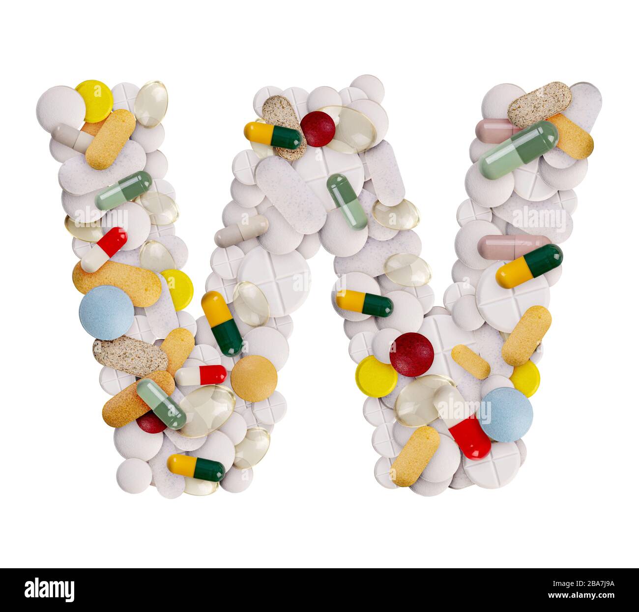 Lettera maiuscola W composta da varie pillole colorate, capsule e compresse su sfondo bianco isolato Foto Stock