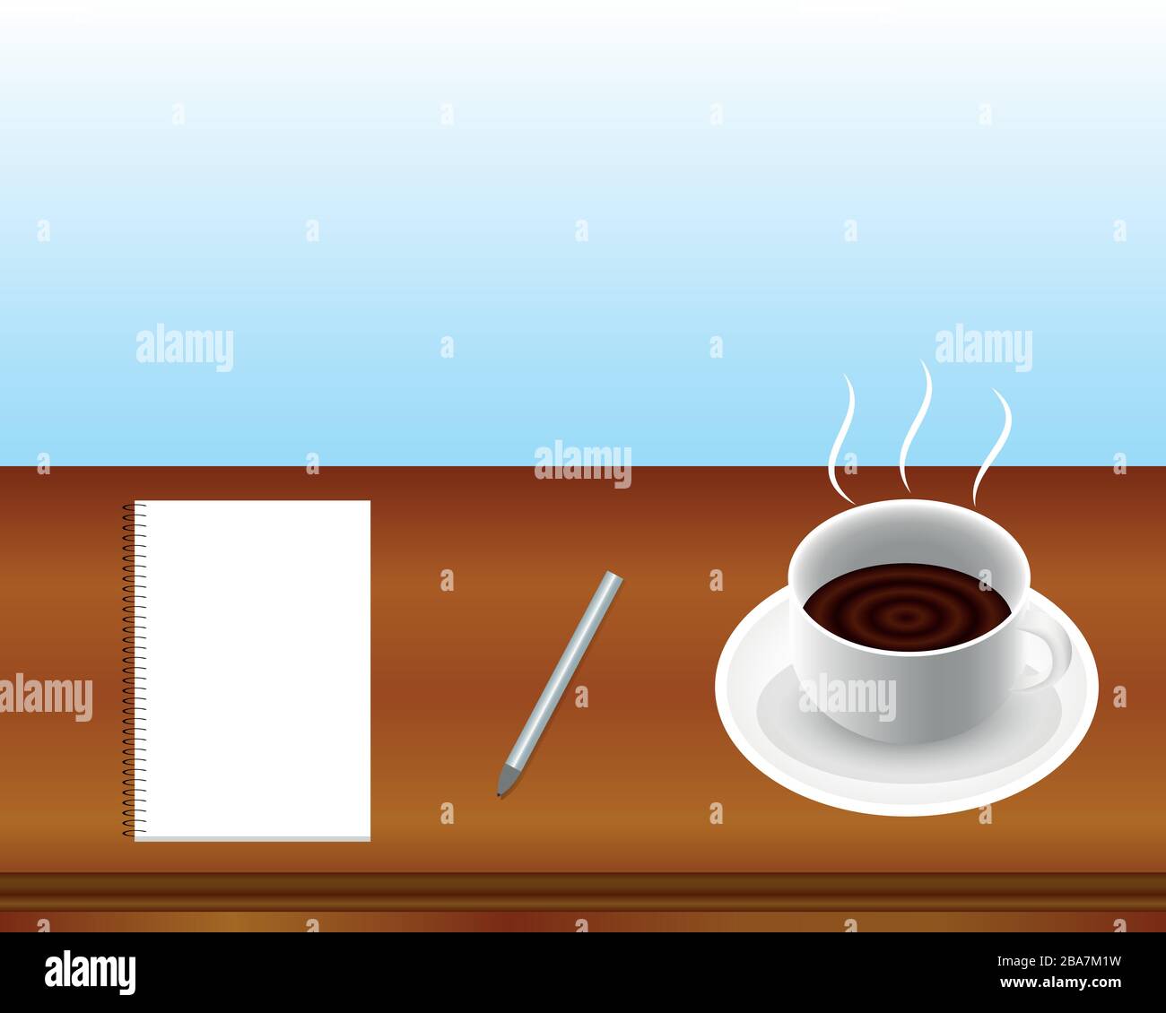 Tazza da caffè, taccuino, penna argento su tavolo di legno. Illustrazione Vettoriale