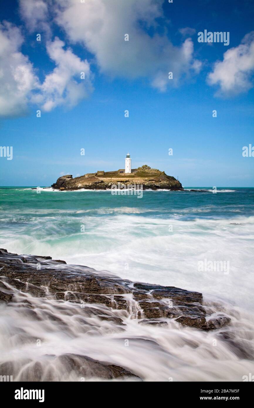 Godrevy Lighthouse, St. Ives Bay, Cornovaglia, Inghilterra Foto Stock