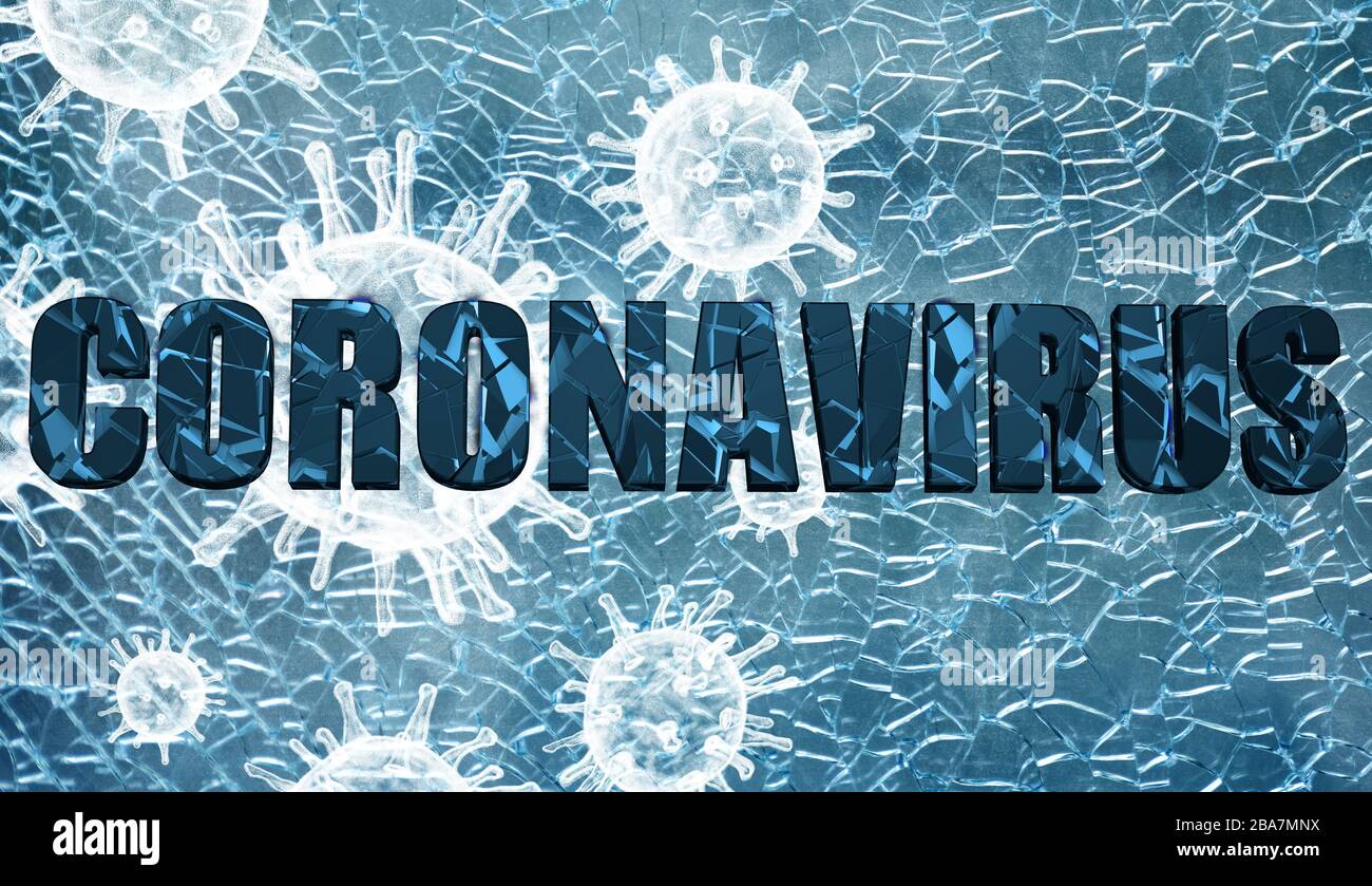 Vista del virus Corona al microscopio su vetro cracked, virus e vaccino produttore. Il virus Corona è in uscita Foto Stock