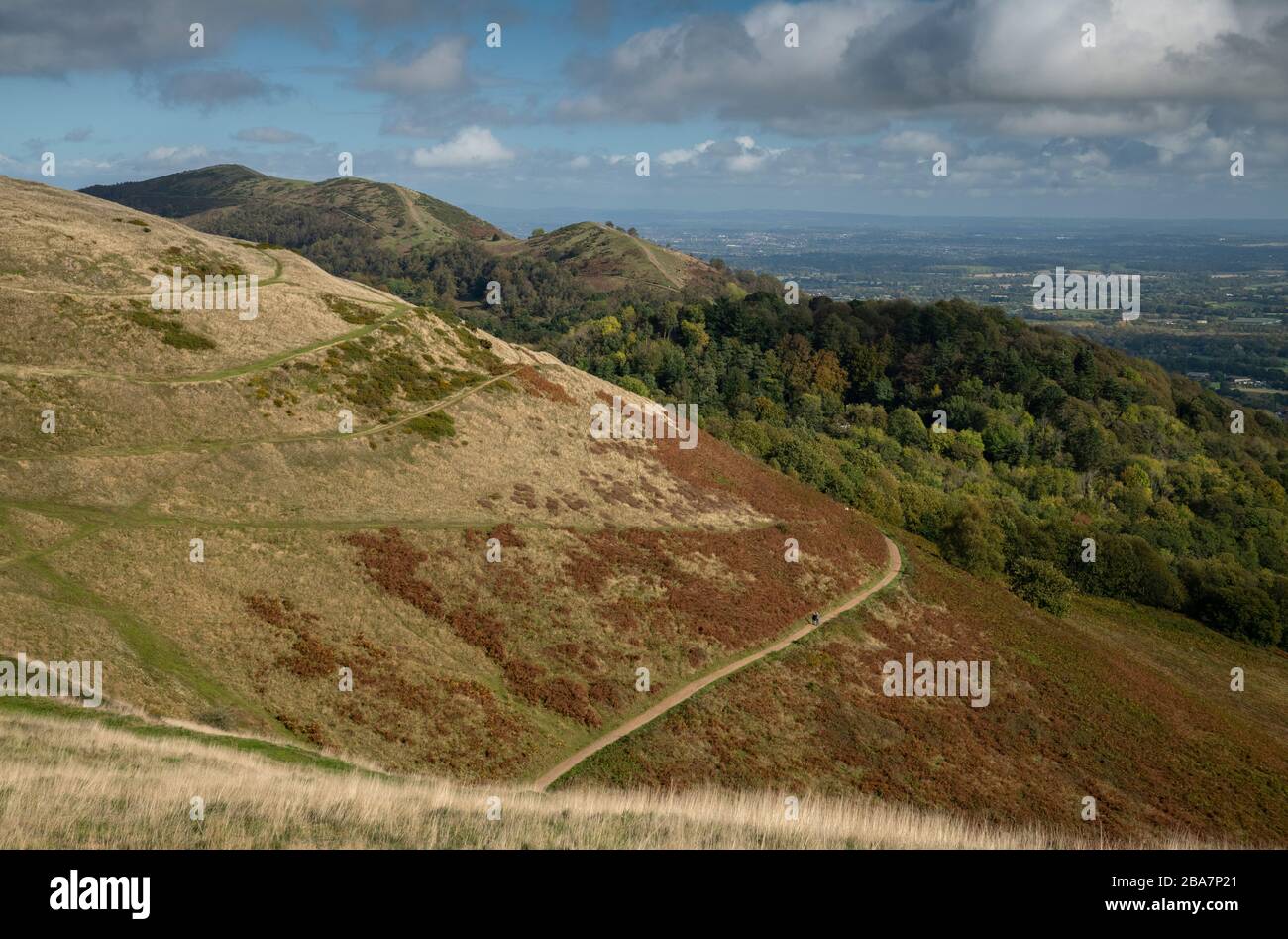 Vista che guarda verso nord attraverso Herefordshire Beacon, Malvern Hills, (338 m,) con Iron Age collina forte, British Camp, Foto Stock