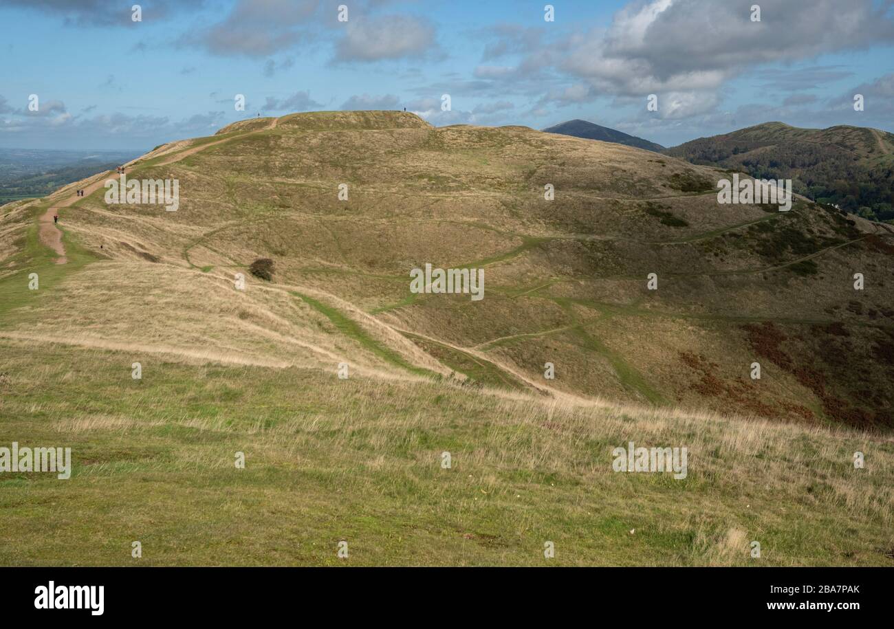 Vista che guarda verso nord attraverso Herefordshire Beacon, Malvern Hills, (338 m,) con Iron Age collina forte, British Camp, Foto Stock