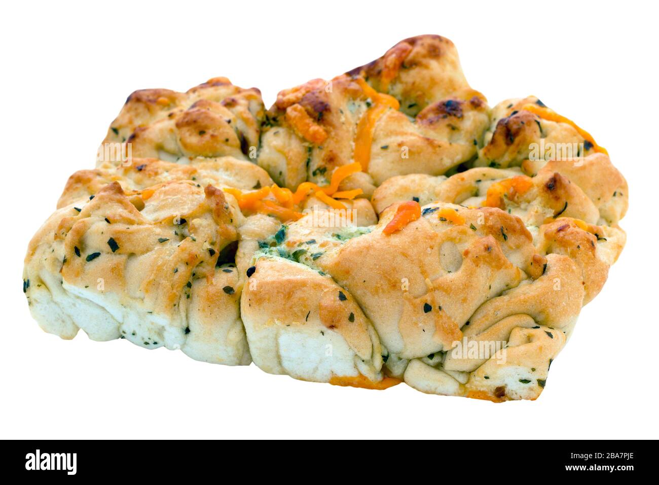 Strappate e condividete il pane con formaggio, aglio ed erbe su uno sfondo bianco isolato con un sentiero di taglio Foto Stock