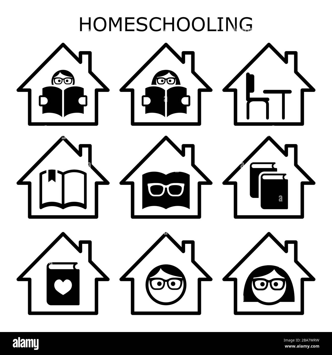 Homeschooling vettore icone set, home Education design, bambini apprendimento mentre soggiorno a casa concetto Illustrazione Vettoriale