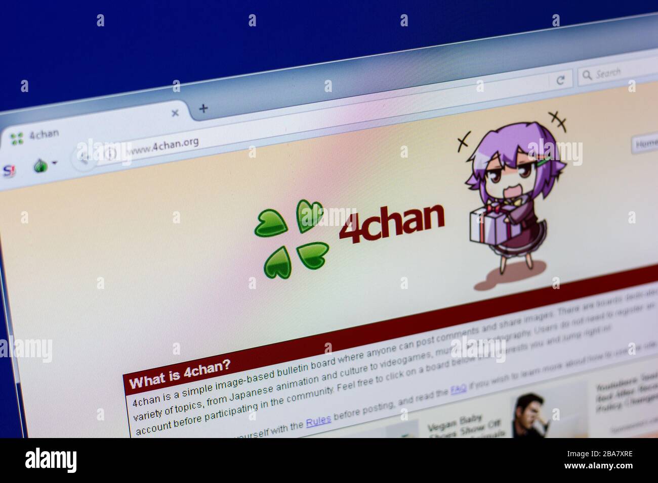 Ryazan, Russia - 16 aprile 2018 - Homepage di 4chan sito web sul display di PC, url - 4chan.org. Foto Stock