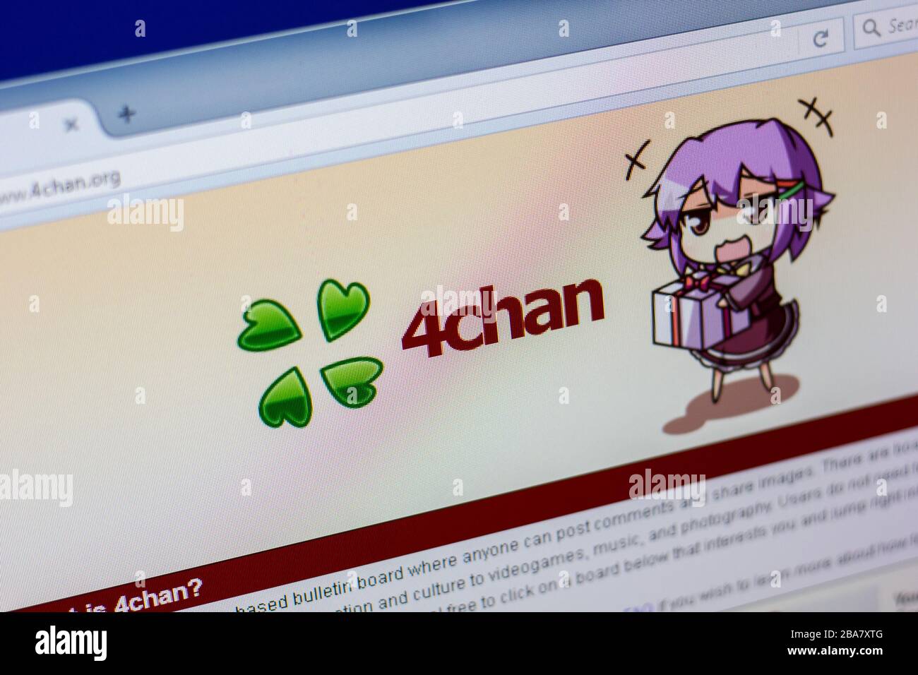 Ryazan, Russia - 16 aprile 2018 - Homepage di 4chan sito web sul display di PC, url - 4chan.org. Foto Stock