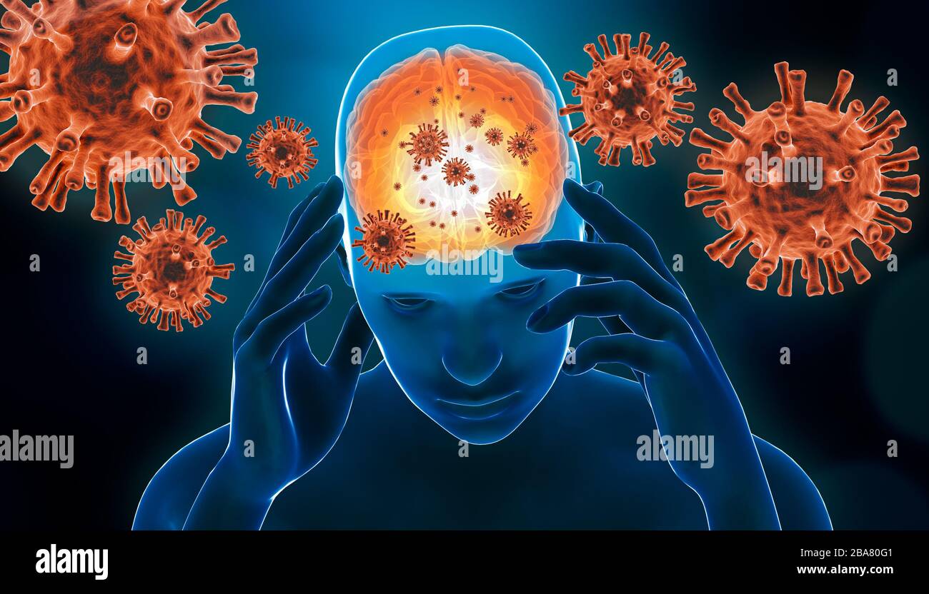 Illustrazione del rendering 3D dell'infezione virale cerebrale. Infiammazione cerebrale con cellule virali rosse generiche. Malattie neurologiche come encefalite, meningite, Foto Stock