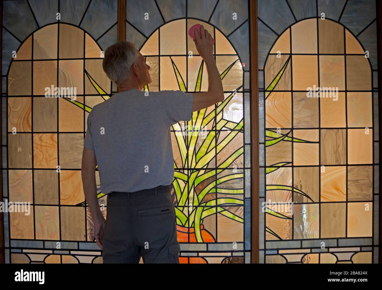 Edimburgo, Scozia, Regno Unito. 26th marzo 2020. L'uomo anziano costretto a rimanere a casa per conformarsi alle linee guida del governo a causa del focolaio di Coronavirus, facendo il meglio del tempo per lavare una vetrata che illustra una scena giardino situato tra le camere della sua casa. Foto Stock