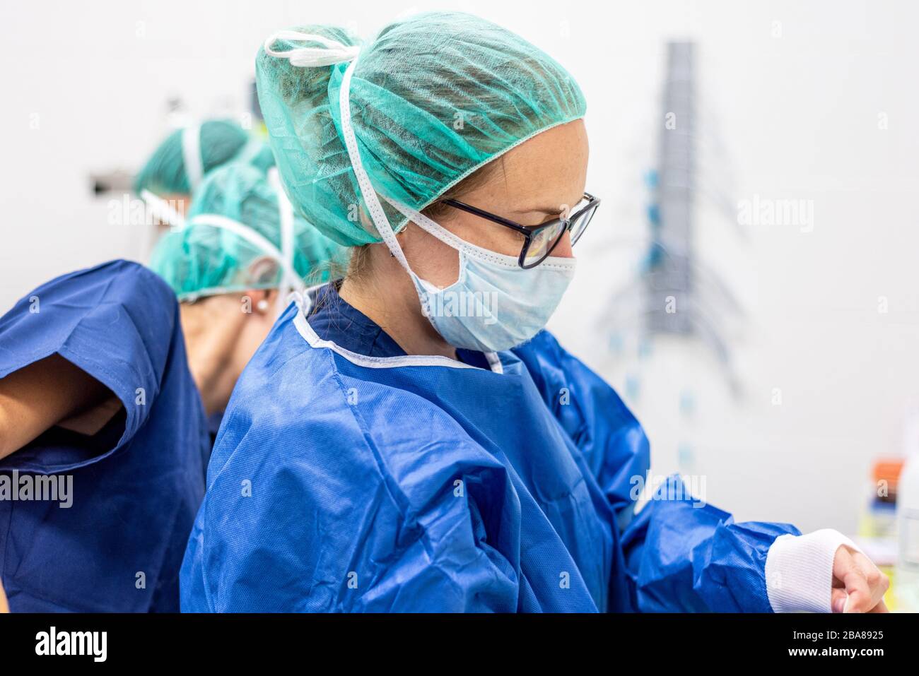 Covid-19. L'infermiera femminile indossa guanti protettivi. Dispositivi di protezione individuale nella lotta contro la malattia di Coronavirus . Foto Stock