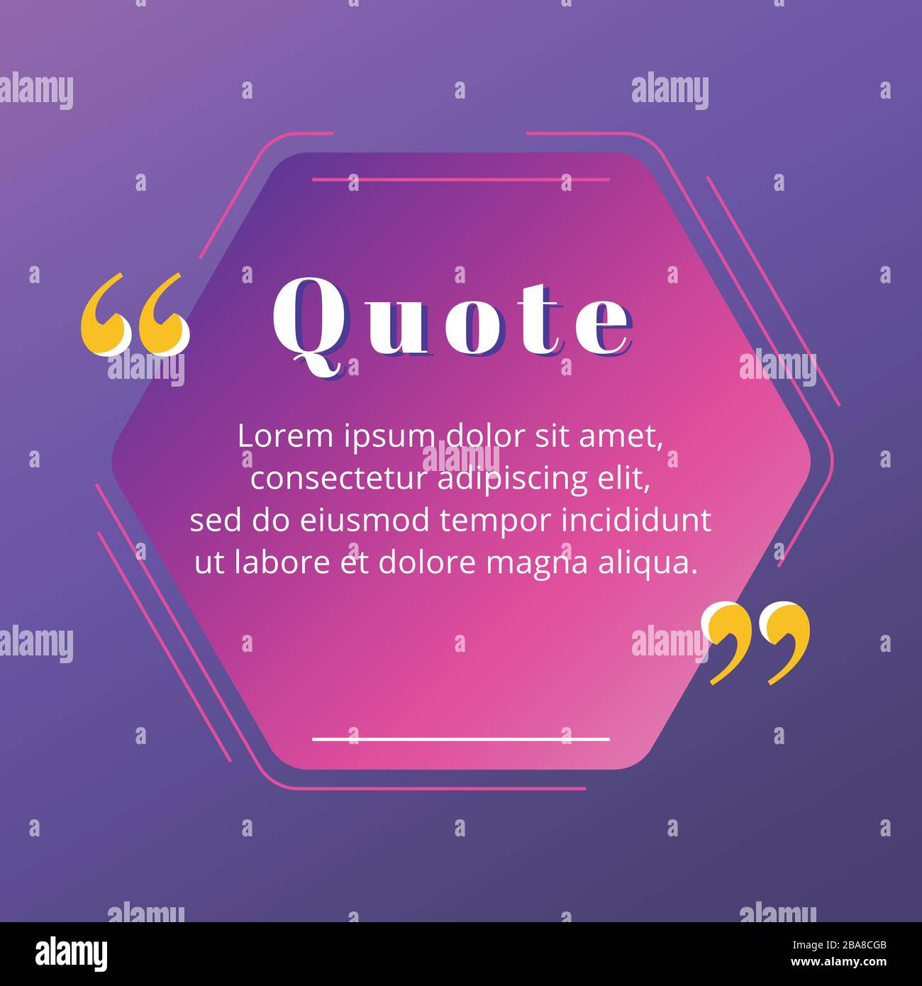 Quotare un modello vettoriale per frame vuoto. Bolla del parlato a gradiente blu e viola. Creazione di preventivi, caselle di testo di citazione. Esagono con bordi arrotondati vuoti Illustrazione Vettoriale