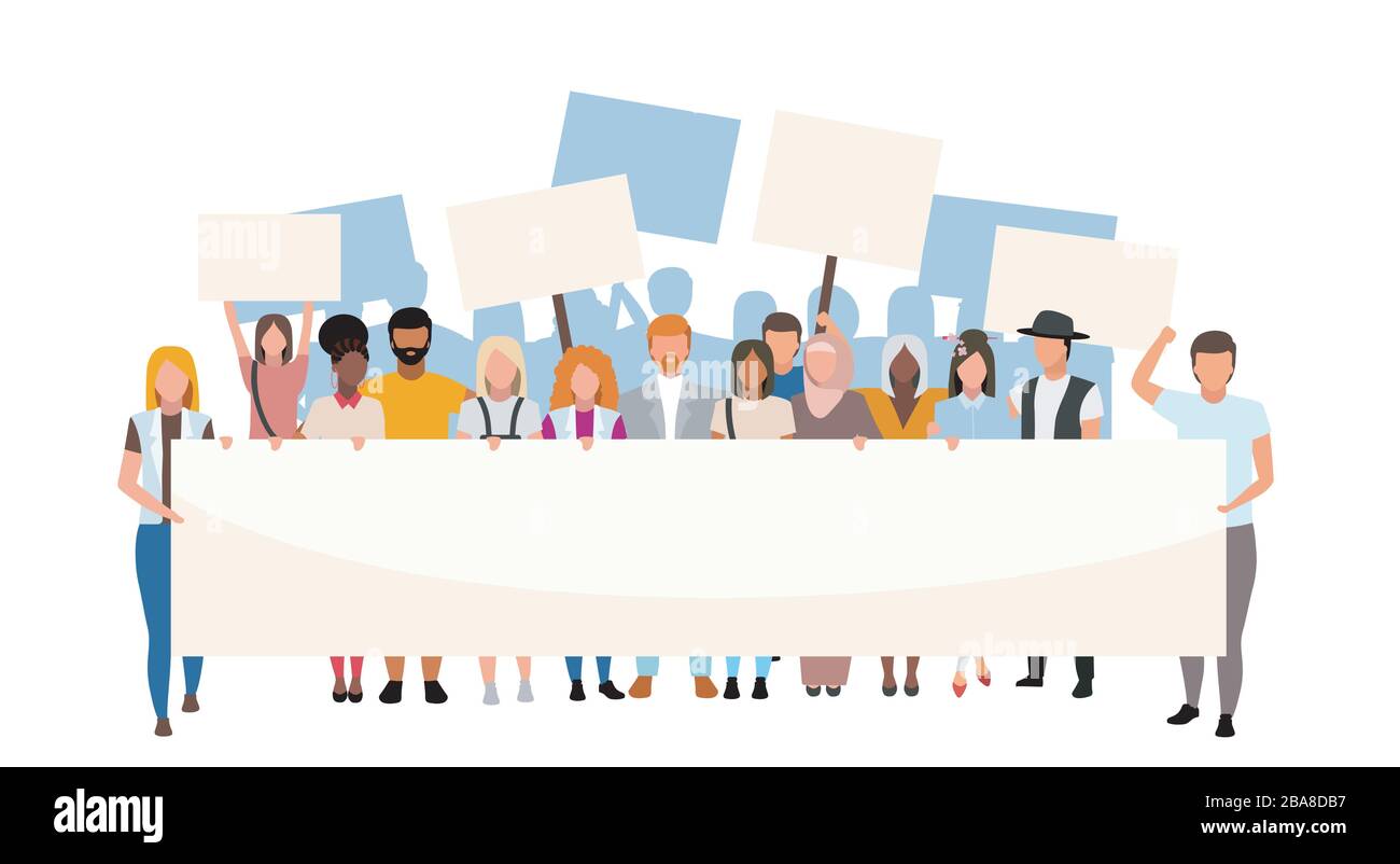 Disuguaglianza razziale protesta per strada semplice illustrazione. Movimento sociale, manifestazione contro il razzismo. Attivisti multiculturali con cartelli in bianco Illustrazione Vettoriale