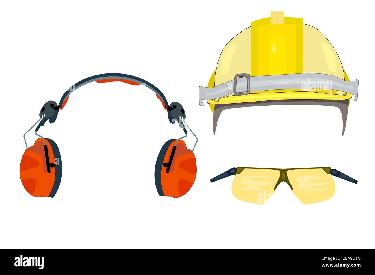 Dispositivi di protezione individuale per la sicurezza industriale, occhiali di sicurezza, casco, cuffie isolate su sfondo bianco. Illustrazione vettoriale stock Illustrazione Vettoriale