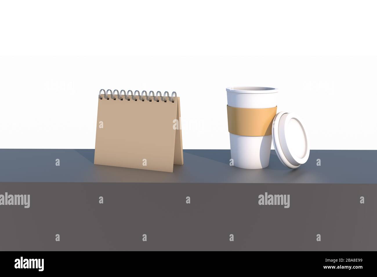 rendering 3d, vista frontale di un modello di calendario da scrivania vuoto o di un libro di note e caffè in vetro sul tavolo, isolato su sfondo bianco. Foto Stock