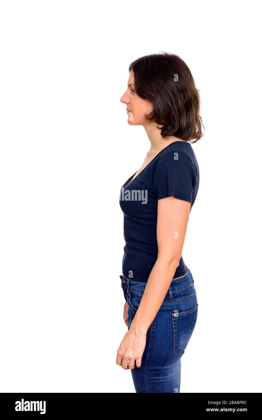 Vista profilo di bella donna isolata su sfondo bianco Foto Stock