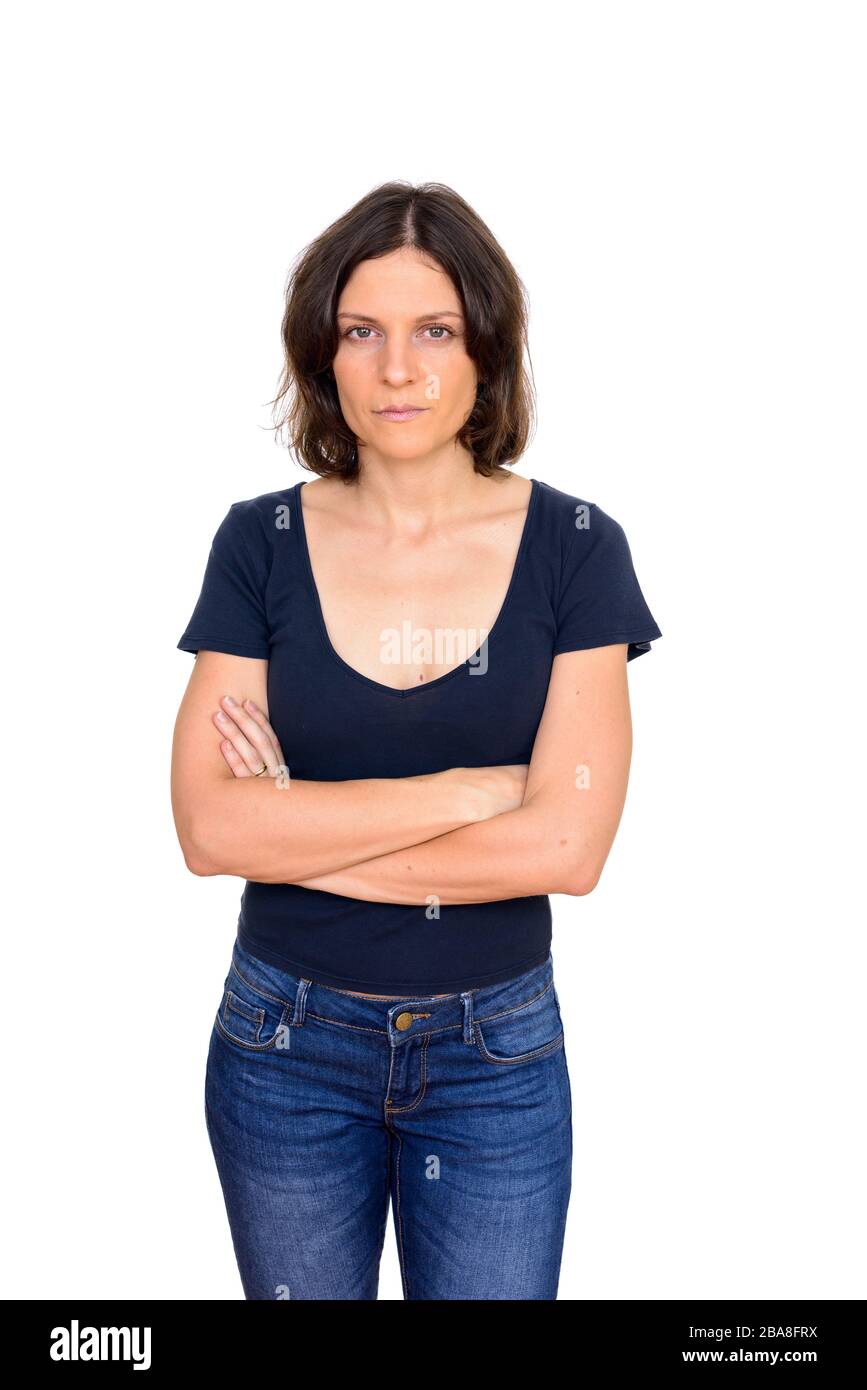 Studio di bella donna isolato su sfondo bianco Foto Stock