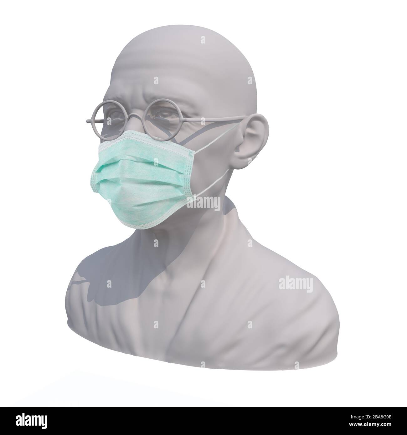 Scultura Mahatma Gandhi con maschera chirurgo, illustrazione 3d Foto Stock
