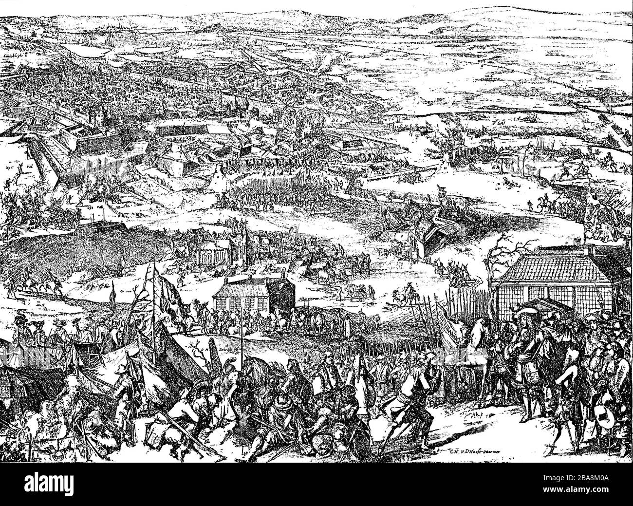 La conquista di Szczecin, assedio di Szczecin durante la guerra nordica dal 1674 al 1679, un esercito Brandeburgo-Danese-Luneburg assediò e conquistò la città svedese-Pomerania di Szczecin dal 25 giugno 1677 al 15 dicembre 1677 / Die Eroberung von Stettin, BELAGERung von Stettin im Nordischen Krieg von 1674 bis 1679 belagerte und eroberte ein brandenburgisch-dänisch-lüneburgisches Heer die schwedisch-pommersche Stadt Stettin vom 25. Giugno 1677 bis zum 15. Dezember 1677, Historisch, riproduzione digitale migliorata di un originale del 19 ° secolo / digitale Reproduktion einer Originalvorlage aus dem 19 Foto Stock