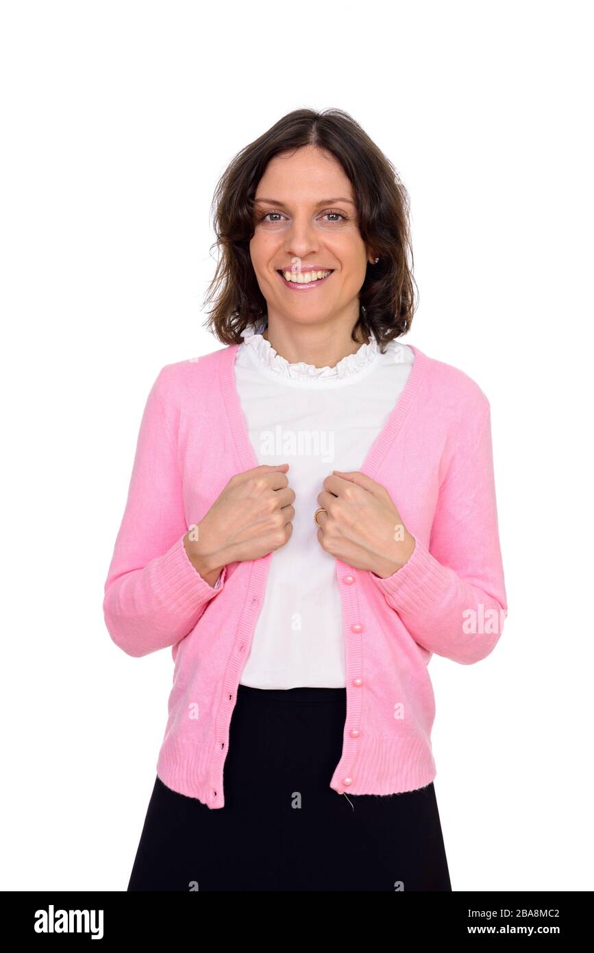 Studio di Happy Woman isolato su sfondo bianco Foto Stock