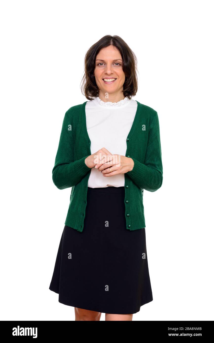 Studio di Happy Woman isolato su sfondo bianco Foto Stock