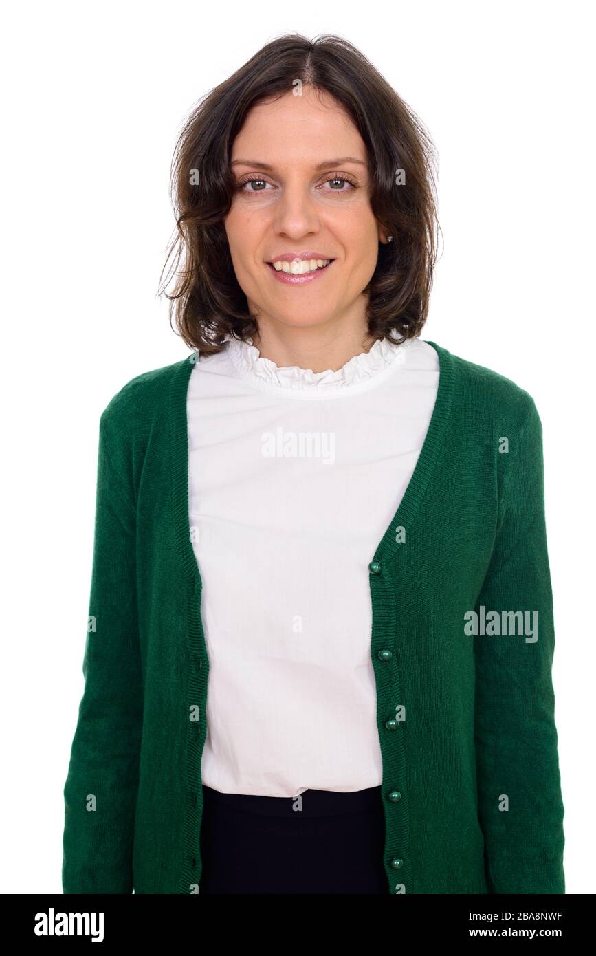 Studio di Happy Woman isolato su sfondo bianco Foto Stock