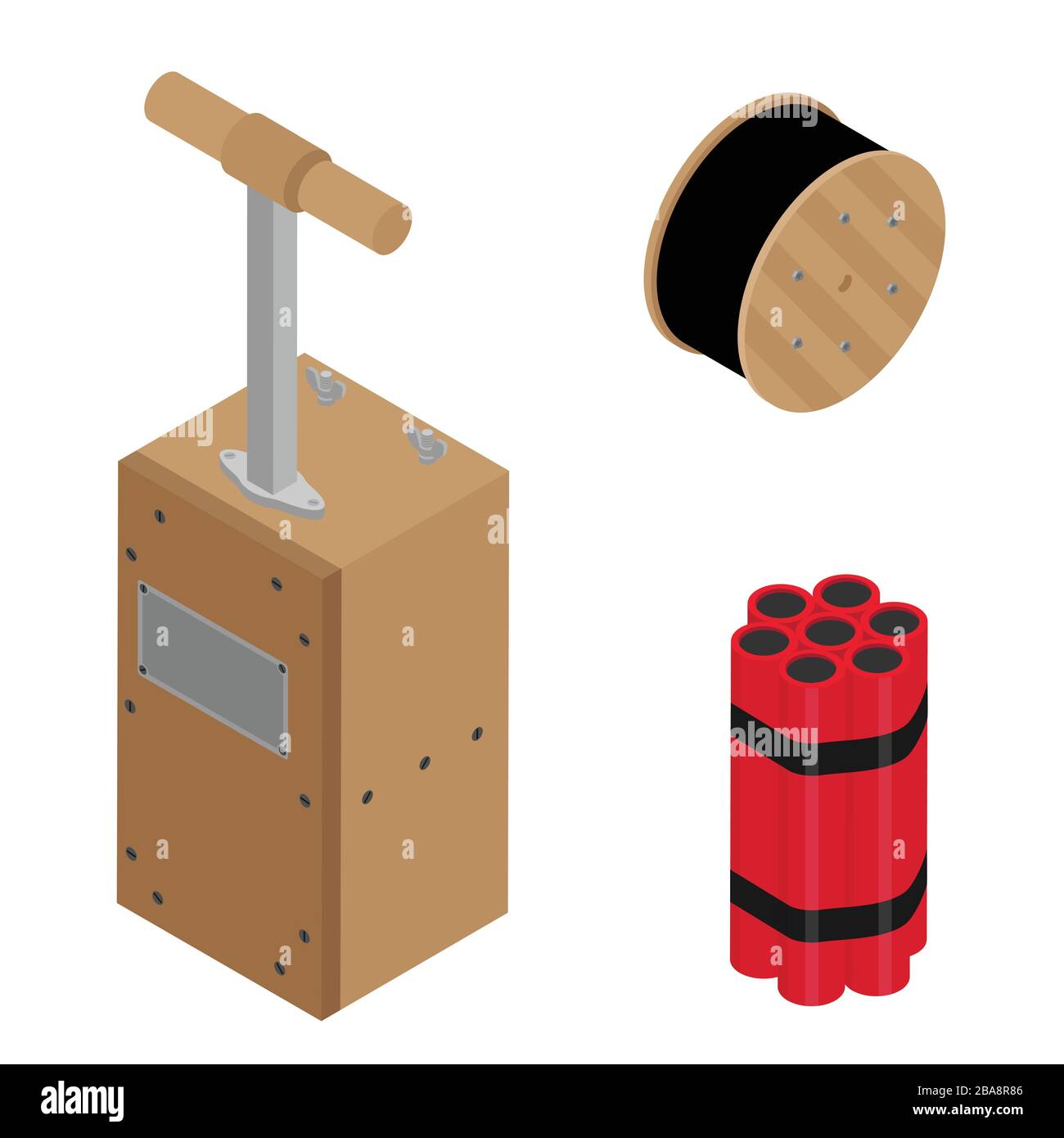 Macchina per sabbiatura o scatola detonatore, bastoncini dinamitrici e bobina cavo elettrico a filo nero isolato su sfondo bianco set di vettori isometrici. Attenzione Illustrazione Vettoriale