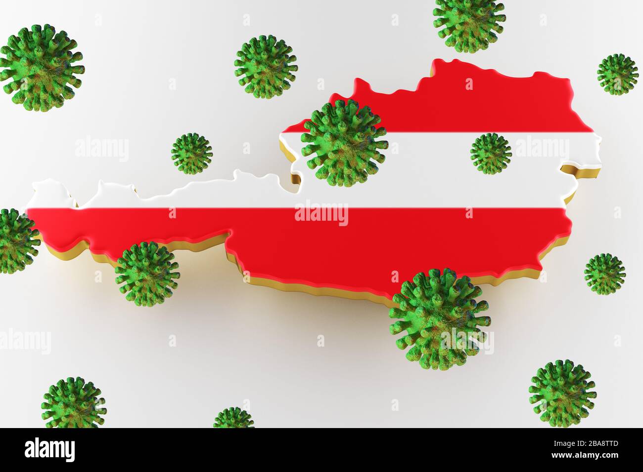 Virus con bandiera austriaca, coronavirus, influenza coronavirus galleggiante, infezione da virus pandemico, influenza asiatica. Coronavirus sulla bandiera dell'Austria. rendering 3d Foto Stock