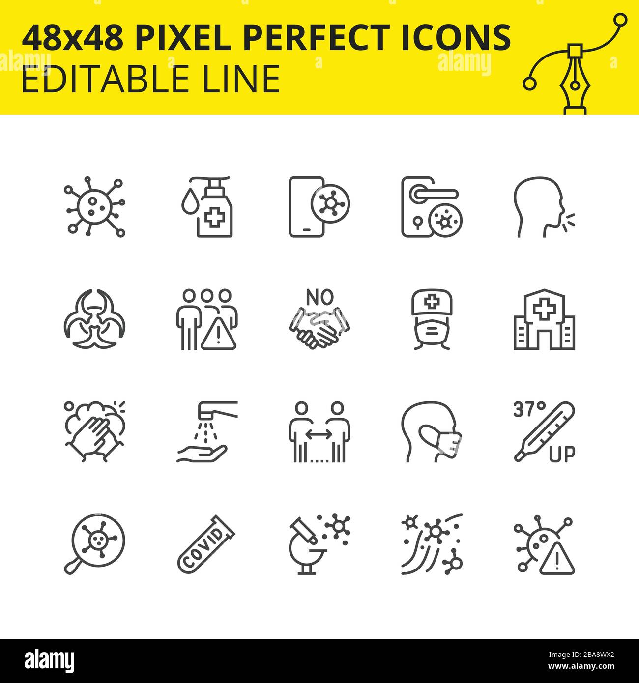 Icone modificabili, Coronavirus Part-2 (2019-ncov o Covid-19). Include folla, dottore, virus, ecc. pixel Perfect 48x48, scalato set. Vettore. Illustrazione Vettoriale