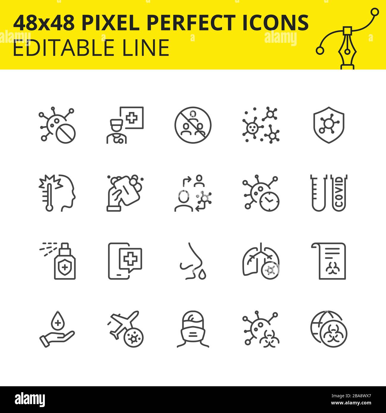 Icone scalate di Coronavirus Part-1, Covid-19. Include germi, virus, lavaggio mani, antisettico, ecc. pixel Perfect 48x48, set scalato. Vettore. Illustrazione Vettoriale