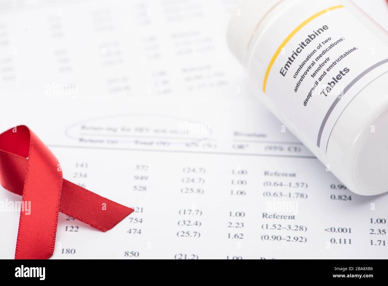 Vista ravvicinata della restituzione del risultato del test HIV con penna, nastro Awareness e contenitore con compresse di emtricitabina Foto Stock
