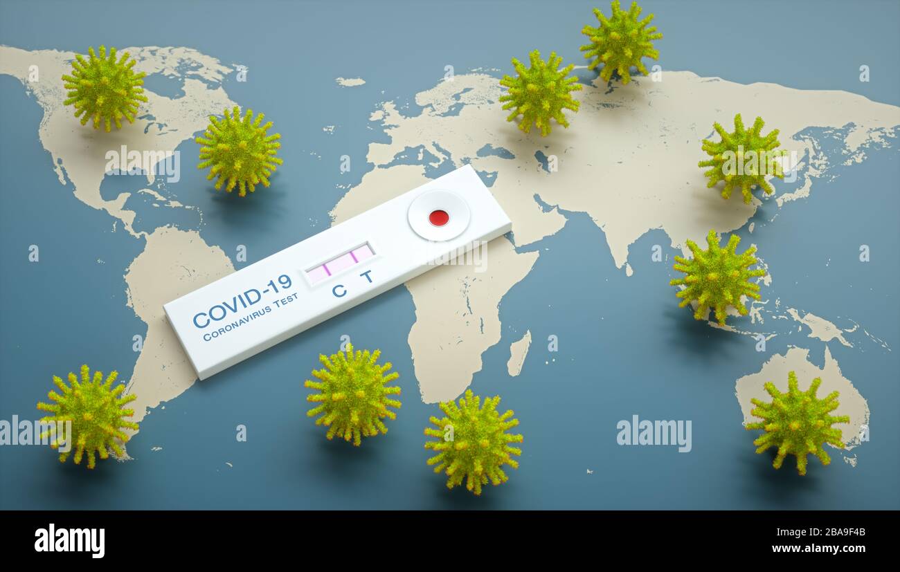 Test rapido per il coronavirus. Positivo per Covid-19. Immagine concettuale del nuovo virus pandemico. Illustrazione 3D. Foto Stock