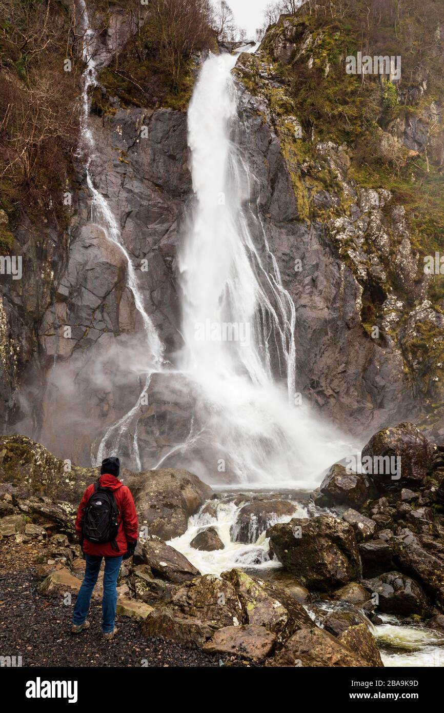 Aber Falls in piena forza durante la tempesta Jorge, Galles Foto Stock
